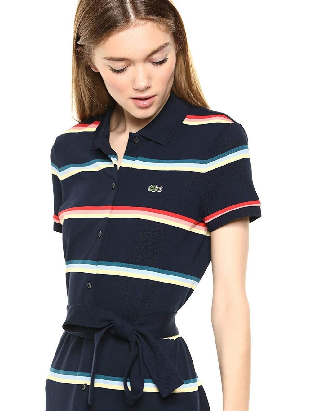 Lacoste Navy Polo with Red, Yellow and Teal Stripe Accents